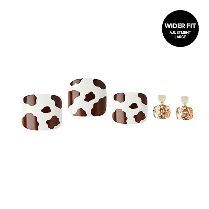 GoldFinger Trendy Press On Fake Toenail Wider Fit, Cow Animal Print & Glittering Metallic Gold Color, Ready to Wear Gel & Manicure Stick, Mini Glue included, Long-Lasting Convenient & Easy to Apply