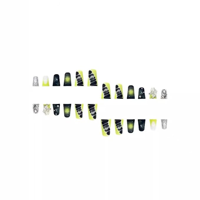 Duck Press on Nails Green Black Fake Nails with Star Design Rhinestone Glue on Nails Alligator Print Nail press ons Ombre False Nail Glossy Acrylic Full Cover Stick on Nail for Women Manicure 24Pcs