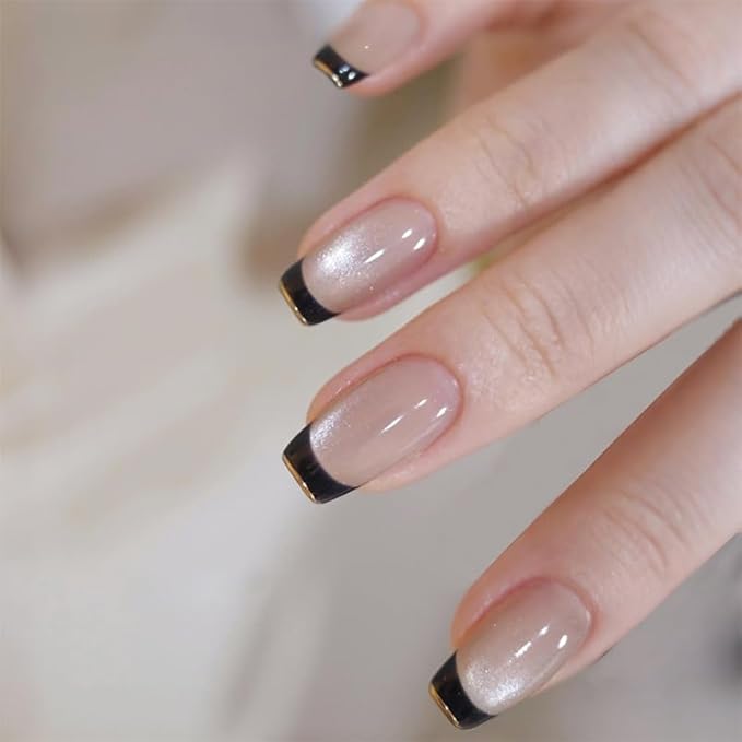 Black French Tip Press on Nails Square Medium Fake Nails Goth False Nails Press ons for Cat Eye Manicure Reusable Artificial Nail Full Cover Glossy Glue on Nail Stick on Nails for Women 24 Pcs