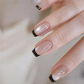 Black French Tip Press on Nails Square Medium Fake Nails Goth False Nails Press ons for Cat Eye Manicure Reusable Artificial Nail Full Cover Glossy Glue on Nail Stick on Nails for Women 24 Pcs