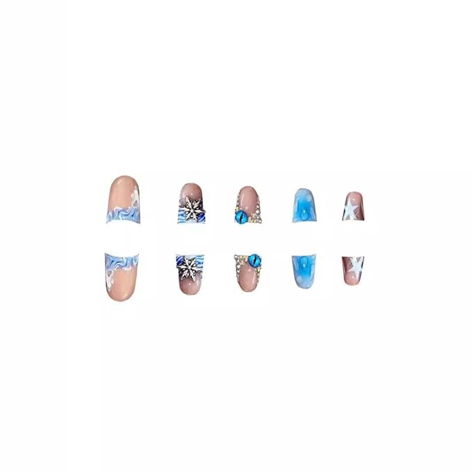Blue Duck Nail Press ons Star Fake Nails Water Drop with Design Spindrift Glue on Nails French Tip Press on Nails Glossy Artificial Acrylic Nail Eye Rhinestone Stick on Nail for Women Manicure 24Pcs
