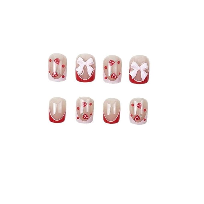 Press on Nails Short - Square Fake Nails with Strawberry Design - Red French Tip False Nails Press ons - for Women 24 Pcs