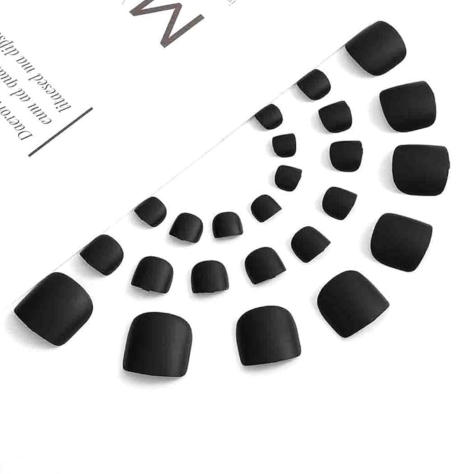 Black Square Fake Toenails Short Matte Press on Toe Nails Acrylic False Toes Nails with Designs Artificial Summer Beach Full Cover Toenail for Women 24 Pcs (Black)