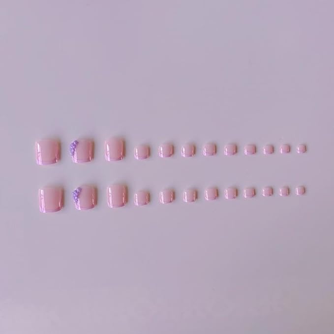 48Pcs Purple French Tips Press on Toenails Long Square Press on Nails with Pearl Flower Charm Design Glossy Pink Fake Toenails Summer False Nails Lilac Floral Nails Kits for Women Girls Manicure