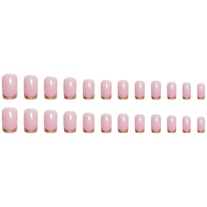 French Tip Press on Nails Medium Square Fake Nails Gold Glitter Nail Tip False Nails Glossy Chrome Acrylic Nail Nude Full Cover Glue Stick on Nail for Women Manicure 24Pcs