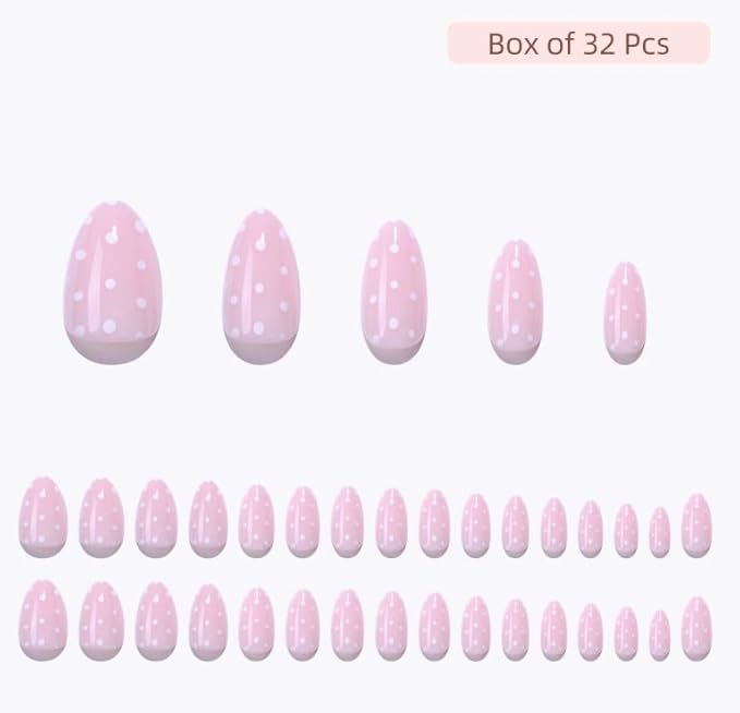 Press On Nails - Sugar | Pink Polka Dot UV Finish Almond Nails, Reusable Salon Quality | 32 Nails, 16 Sizes Kit with Glue and Adhesive Tabs I Female Founded