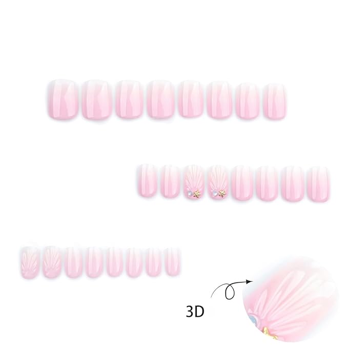 24pcs French Press on Nails Short Square Pink White Gradient With Charms Designs Glossy Glue on Cute False Full Cover Artificial for Women Girl Decoration