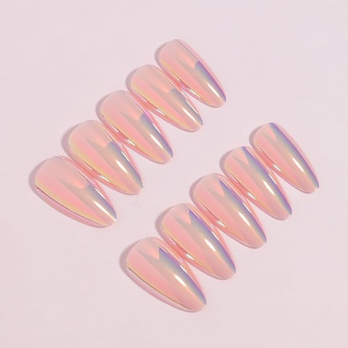 Almond Press on Nails Medium Chrome Fake Nails Metal Mirror False Nails Glossy Shiny Acrylic Nail Press ons Full Cover Holographic Glue on Nails for Women Girls Manicure 24 Pcs