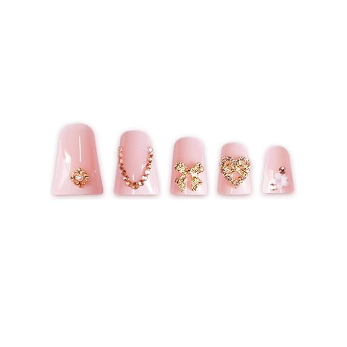 White Press on Nails French Tip Fake Nails Duck False Nail with Charms Design Bow Heart Glue on Nails Glossy Full Cover Artificial Acrylic Nude Stick on Nail for Women Girls Manicure 24Pcs