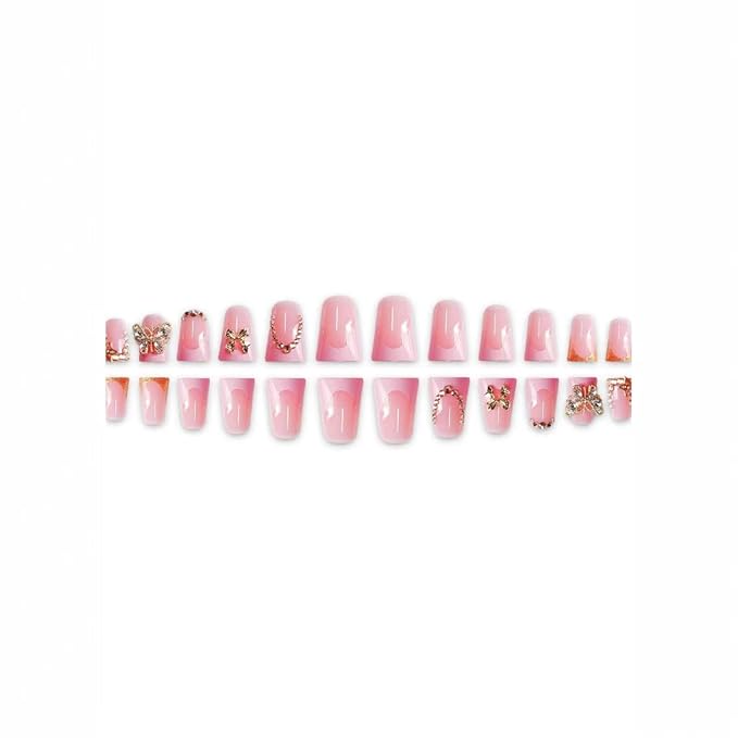 Pink French Tip Press on Nails Short Duck Fake Nails with Design 5D Butterfly Glue on Nails Rhinestone Bow False Nail Artificial Acrylic Full Cover Glossy Stick on Nails for Women Manicure 24Pcs