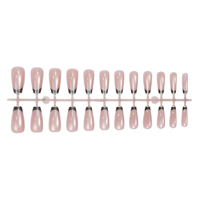 Black French Tip Press on Nails Square Medium Fake Nails Goth False Nails Press ons for Cat Eye Manicure Reusable Artificial Nail Full Cover Glossy Glue on Nail Stick on Nails for Women 24 Pcs