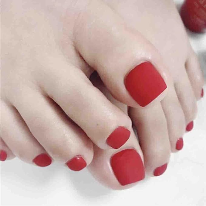 Red Square Fake Toenails Matte Press on Toe Nails Short Acrylic False Toes Nails Artificial Beach Full Cover Toenail for Women 24 Pcs (Red)