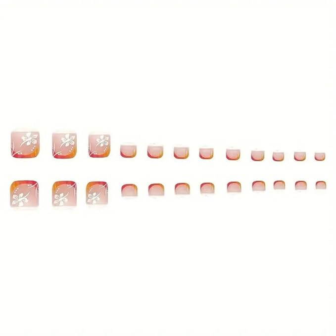 48Pcs Ombre Pink Orange French Tips Press on Nails Short Square Press on Toenails Long Square Stick on Nails with Flower Design Glossy Full Cover Fake Nails Summer False Toenails for Women Manicure