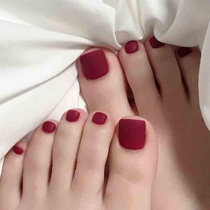 Solid Square Fake Toenails matte Press on Toe Nails Short Acrylic False Toes Nails Artificial Beach Full Cover Toenail for Women 24 Pcs (Wine Red)