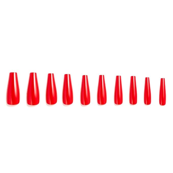 Allkem Press On Nails - Hot Red Glossy Extra Long Ballerina Multipack | 10 sizes - 100 pcs False Nails Full Cover Nail Kit with Glue