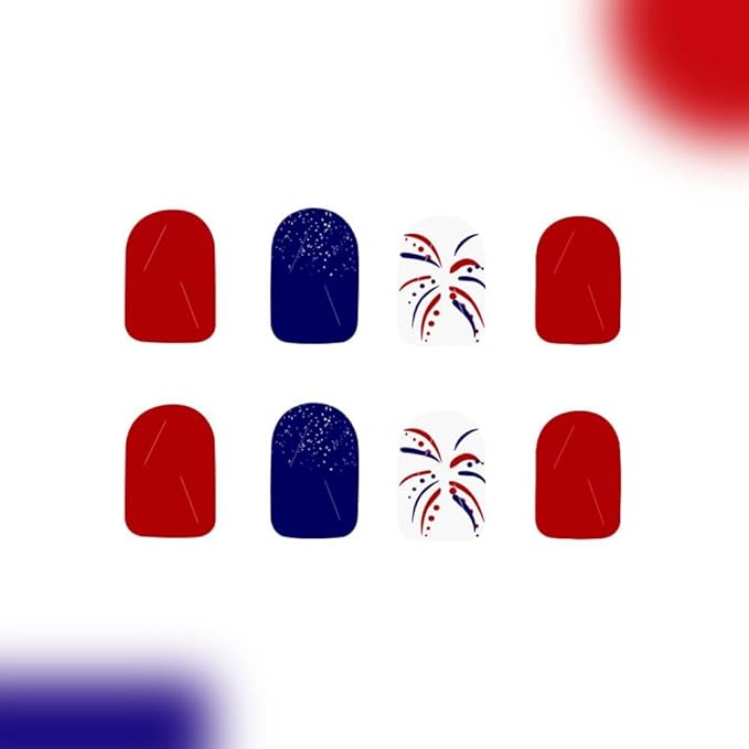 Independence Day Press on Nails Short Square Fake Nails with Fireworks Design Glossy Red False Nails Blue Glitter Acrylic Nail Summer 4th of July Glue on Nail for Women Girls Manicure 24Pcs