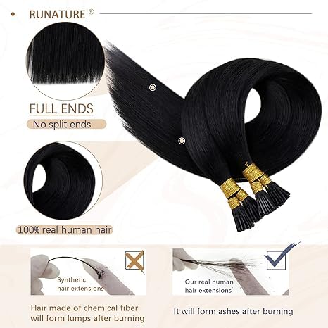 RUNATURE Black I Tip Hair Extensions Human Hair Short Straight Hair Pre Bonded Itip Hair Extensions for Women Real Hair 14 Inch 50G 100 Strands Jet Black