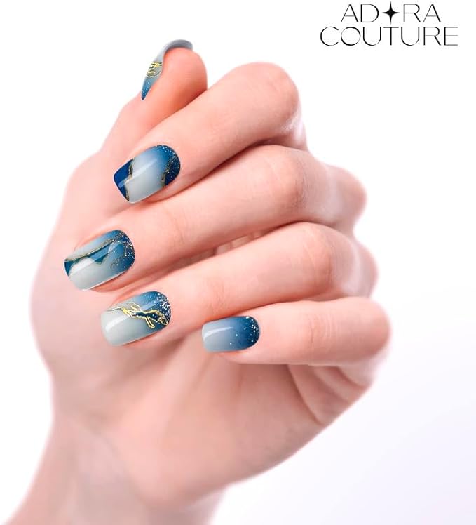 Semi-Cured Gel Nail Strips - 20 Salon-Quality Gel Sticker with UV Light Required, Long Lasting, Easy Application & Removal, Includes Prep Pad, Nail File, Wooden Stick (Blue Oceanwave)