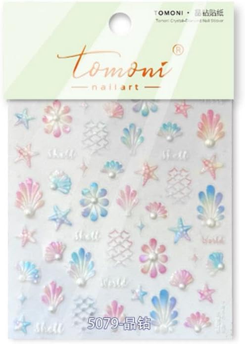 Aurora Beach Nail Stickers 5D Embossed Pearl Shell Nail Designs Colorful Fishing Net Starfish Nail Decals Ocean 3D Self-Adhesive Summer Nail Art Decoration for Women Manicure 1 Sheet
