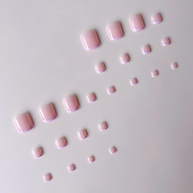 48Pcs Pink French Tips Press on Nails Glossy Pink Press on Toenails Short Square Fake Toenails with Designs Reusable Full Cover False Toenails Glossy Summer Fake Nails for Women Girls Manicure