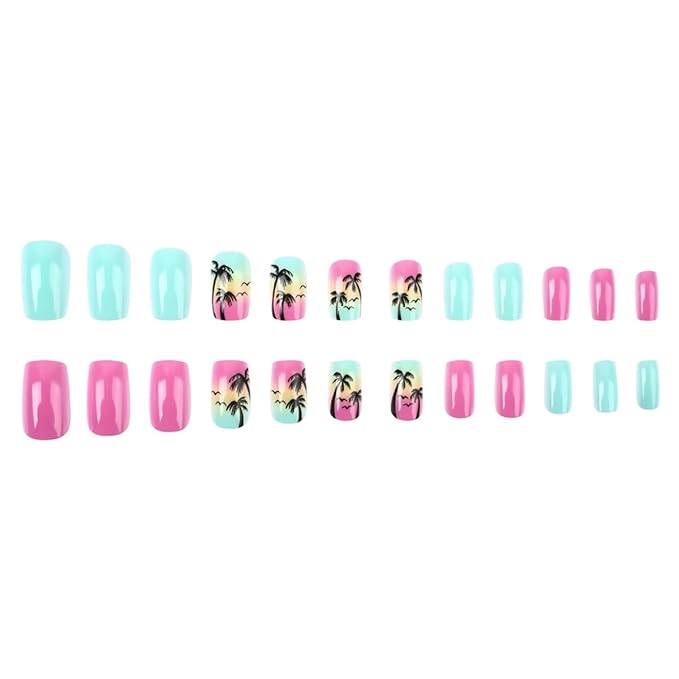 Tropical Press on Nails Summer Beach Fake Nails Short Square Nails Press ons with Design Reusable Artificial Nail Full Cover Glue on Nail Stick on Nails for Women Manicure 24Pcs