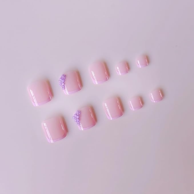 48Pcs Purple French Tip Press on Toenails Press on Nails Long Square Fake Nails with Design 3D Flower Glue on Nails Lilac False Nails Glossy Reusable Summer Nails Toenails for Women Manicure