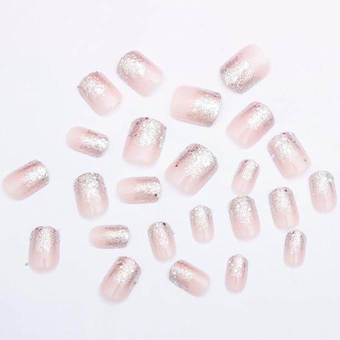 Glitter French Press on Nails Short Square Fake Nails Nude Designs False Nails Shiny French Full Cover Glossy Reusable Acrylic Stick on Nails for Women Girls Light Luxury Manicure Decoration 24Pcs