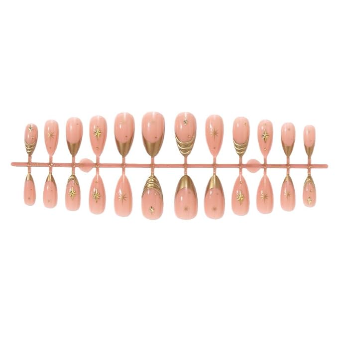 Almond Press on Nails Medium Fake Nails Gold French Tips False Nails Star Stripe Glue on Acrylic Nails Nude Glossy full Cover Stick on Nail for Women Girls 24Pcs
