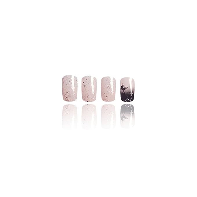 Halloween Press on Nails Medium Square French Tip Fake Nails Black Glitter Gradient Acrylic Nails with Spider Design Glossy Full Cover Glue on Nails Reusable Stick on Nails for Women 24 Pcs