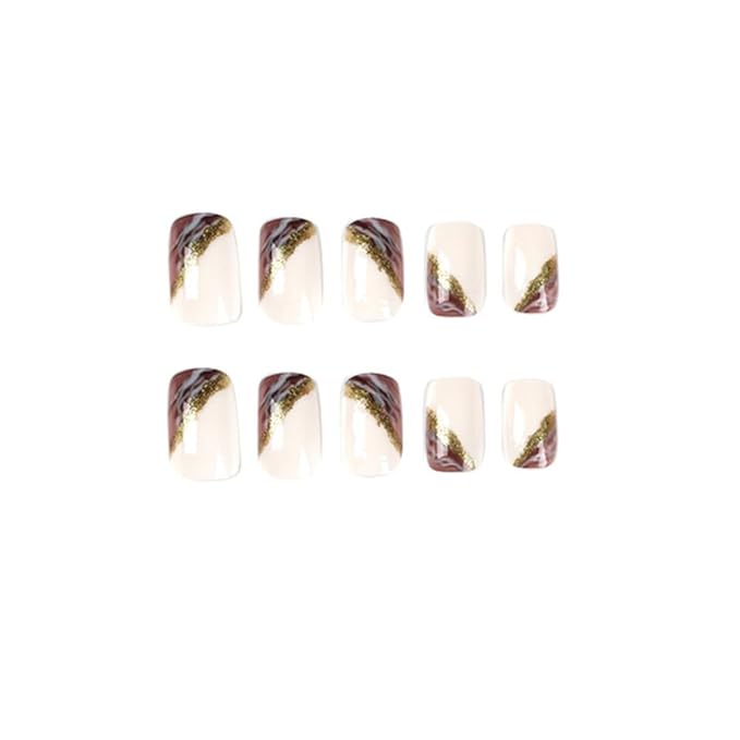 Square Press on Nails Medium Fake Nails French False Nails with Marble Designs Glue on Nails Full Cover Gold Foil Stick on Nails Glitter Glossy Acrylic Nails Artificial Nails for Women Manicure 24Pcs