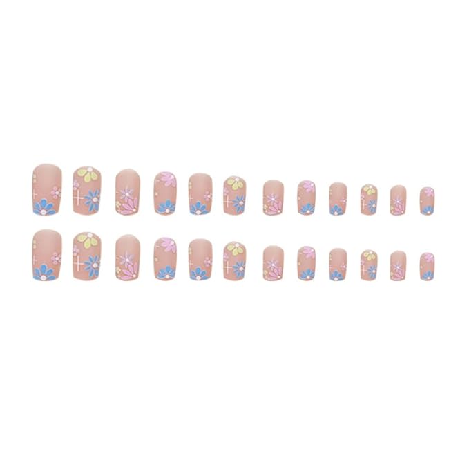 Press on Nails Square Short Pink Fake Nails Short Press ons Nail Tips Artificial Acrylic Kit Full Cover False Nail with Multicolor Flowers Glossy Design Stick on Nails Women 24Pcs