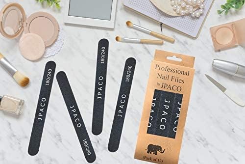 12-Pack Professional Nail Files: Double-Sided Emery Boards for Natural, Acrylic, Poly, and Gel Nails – Washable Black Manicure Tools Set by JPACO (180/240 Grit)