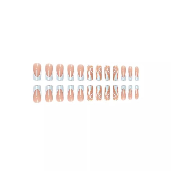 48Pcs Medium Square Press on Nails Blue French Tips Press on Toenails Swirl Fake Nails with Orange Blue Curve Line Design Glossy Skintones Fake Toenails Summer False Nails Kit for Women Girls Manicure