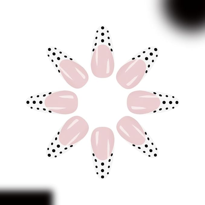 Almond Press on Nails Medium Fake Nails White French Tip False Nails Cute Black Polka Dot Design Reusable Artificial Nails Full Cover Glossy Glue on Nail Stick on Nail for Women Manicure 24Pcs
