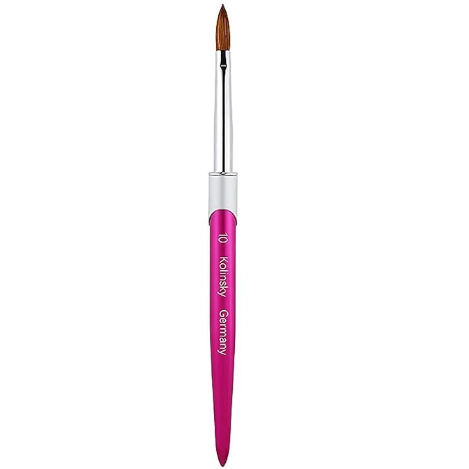 100% Pure Kolinsky Acrylic Nail Brush Size 10, Hair Acrylic Crystal Hot Red Pink with Silver Ferrule Round Shaped for Women Girls Manicure Tools Accessories