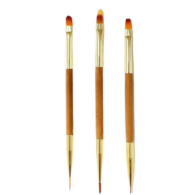 3Pcs Nail Art Drawing Brushes, Short Bamboo Penholder Double End Pen Brush, Acrylic Round Flat Painting Drawing Liner Tools