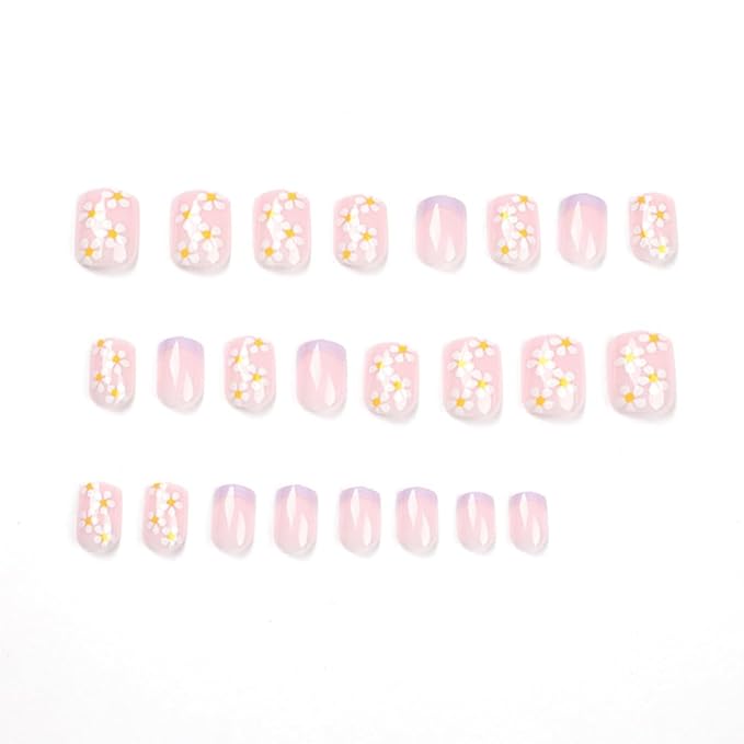 Press on Nails Square Short Short Fake Nails Press ons Purple French Nail Tips Artificial Acrylic Kit Full Cover False Nails with Flower Glossy Design Stick on Nails for Women 24Pcs