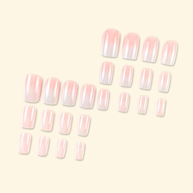 Sqaure Fake Nails Short Ombre Press on Nails White Nude Gradient False Nails Press ons Glossy Acrylic Artificial Nails Glue on Nail for Women Girls 24Pcs