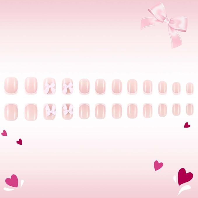 White French Tip Press on Nails with Pink Bows,Short Square Fake Nails French Nails Press ons with Design,Reusable Artificial Nail Full Cover Glossy Glue on Nail Stick on Nail for Women Manicure 24Pcs