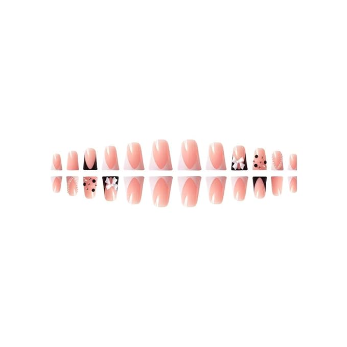 French Tip Nails Press ons Black White Fake Nails Duck False Nails with Design Rhinestone Glue on Nails Bow Stick on Nails Glossy Artificial Acrylic Full Cover Nail for Women Girls Manicure 24Pcs