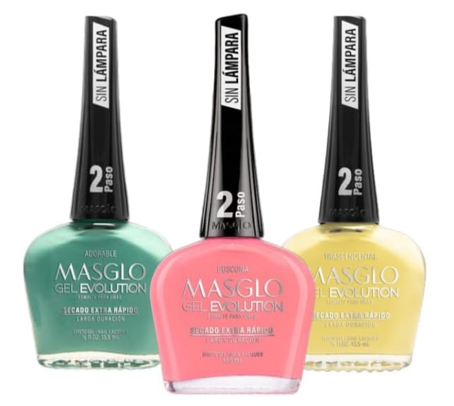 MASGLO GEL EVOLUTION Nail Polish Gel Effect, No UV/Led Lamp Required, Duration up to 12 day, 3 PCs Colors - Effecto Gel sin necesidad de lampara UV/Led, hasta 12 dias de duracion (Adorable Selection)
