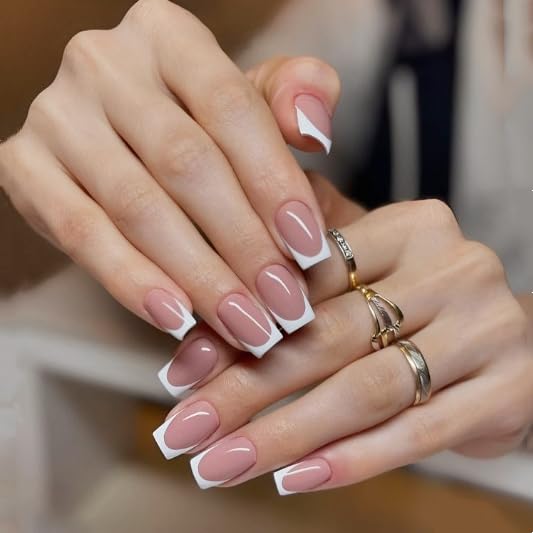 Lamemoria Pre-Design Medium Short Square French Tip Press On Nails, Brown Base White French Nail Tips, Salon Nail Art Kit, 240 PCS