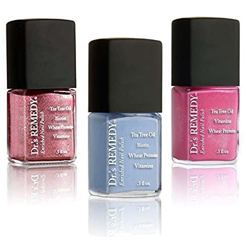 Dr’s Remedy 3 Pack Nail Polish Kit, SENSATIONAL Sparkle Trio, Non Toxic and Organic All Natural Enriched Nail Strengthener - REFLECTIVE Rose/PERCEPTIVE Periwinkle/PLAYFUL Pink