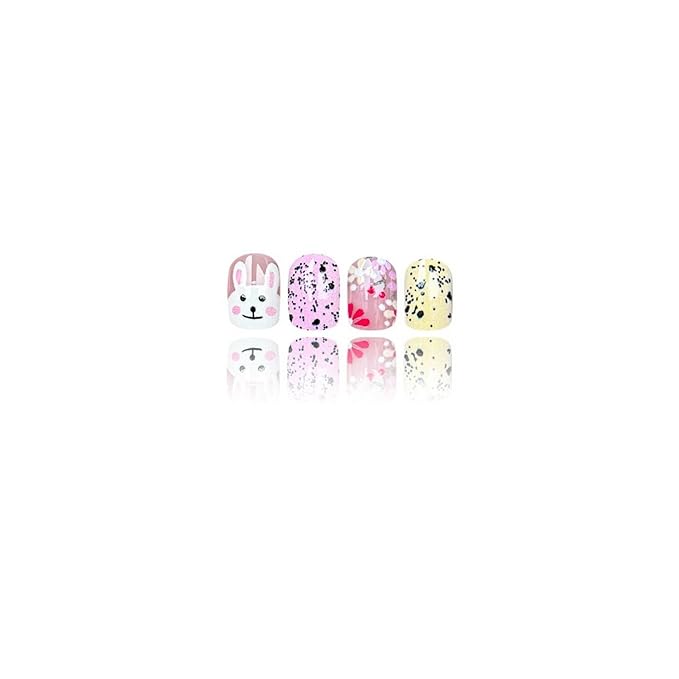 Easter Press on Nails Colorful Flower Fake Nails Glossy Pink False Nail with Cute Bunny Designs Short Square Acrylic Nails Full Cover Stick on Nail for Women Girls Easter Manicure 24 Pcs