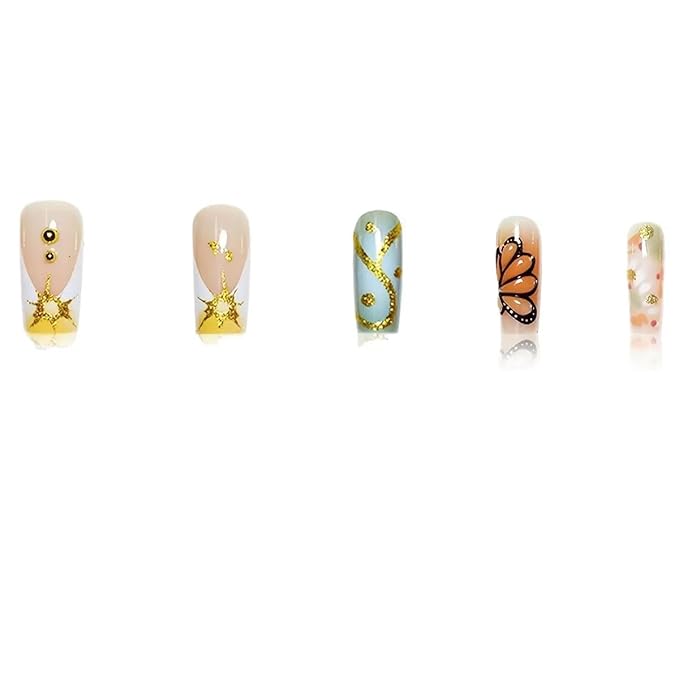 Press on Nails Medium - Square Fake Nails with Butterfly, Gold Stripes Design - Rhinestone, Stick on False Nails for Women 24 Pcs