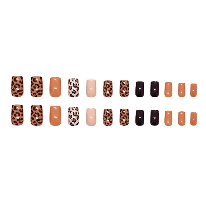 24Pcs Leopard Print Press On Nails Short Square False Nails with Brown Nude Design Cheetah Print Fake Nails Brown Glossy Reusable Stick on Nails Autumn Glue on Nail for Coquette Women Fall Nail Art