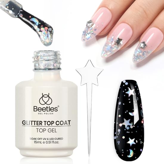 beetles 2 In 1 Silver Glitter Top Coat, 15 ML No wipe Stars Moon Halo Top Coat Soak Off UV Uv Led Gel Nail Polish Long Lasting Highly Shine Manicure Art Decoration Supplies