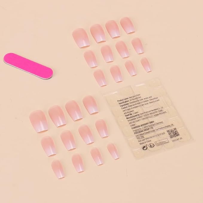 Ombre Press on Nails Short Square Fake Nails White Gradient Nails Press ons with Design Reusable Artificial Nail Full Cover Glue on Nail Stick on Nails for Women Manicure 24Pcs