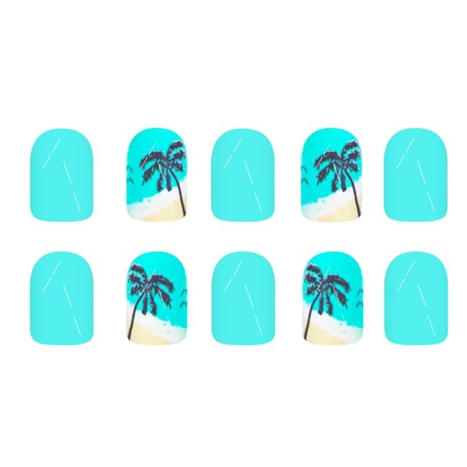 Summer Press on Nails Short Square Fake Nails Coconut Tree Seaside False Nails for Women Blue Glue on Nails Cute Glossy Artificial Nails Press ons Summer Fake Nails Manicure Kit 24Psc