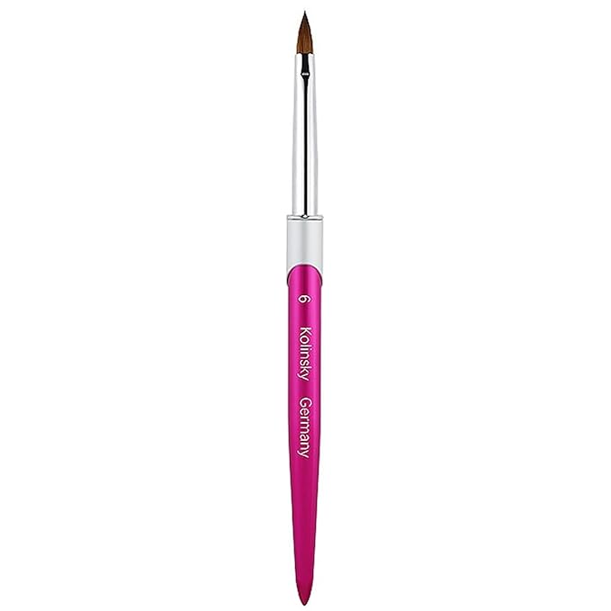 100% Pure Kolinsky Acrylic Nail Brush Size 6, Hair Acrylic Crystal Hot Red Pink with Silver Ferrule Round Shaped for Women Girls Manicure Tools Accessories